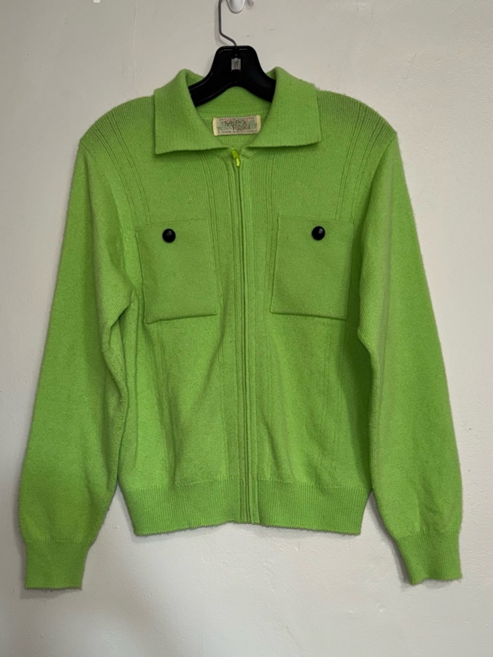 SMITH & Telford Pure Cashmere Made Scotland Bright Lime Green Full ZipSweater